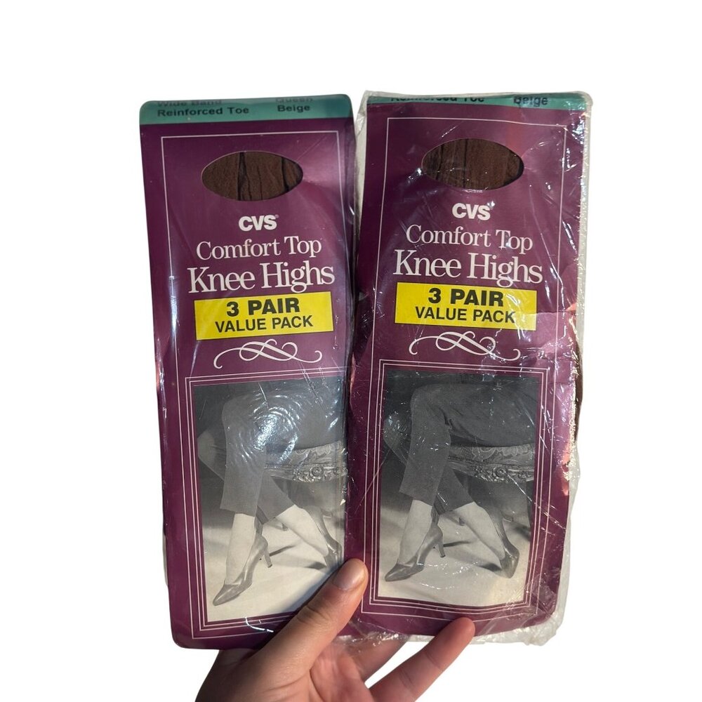 Vintage CVS Comfort Top Knee Highs Reinforced Toe Beige 3-Pair Pack NOS Lot of 2
